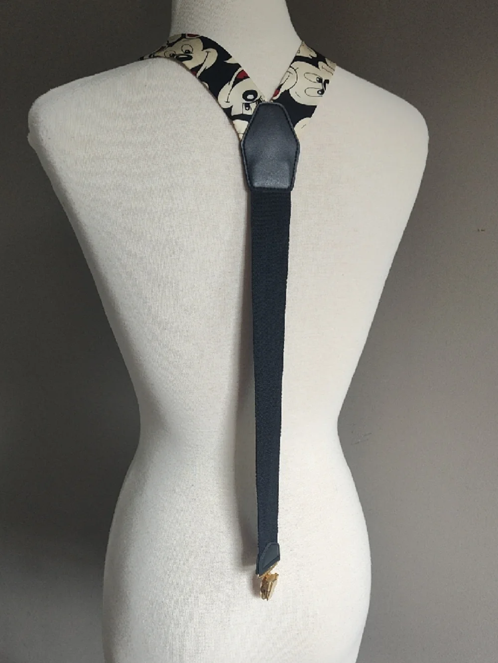Disney Vintage Black Red and Cream Silk Mickey Print Suspenders with Gold Accent - Picture 3 of 10